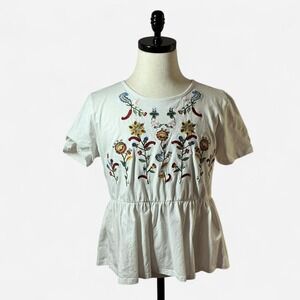 Journey Five White‎ Floral Embroidered Peplum Tunic Top Boho